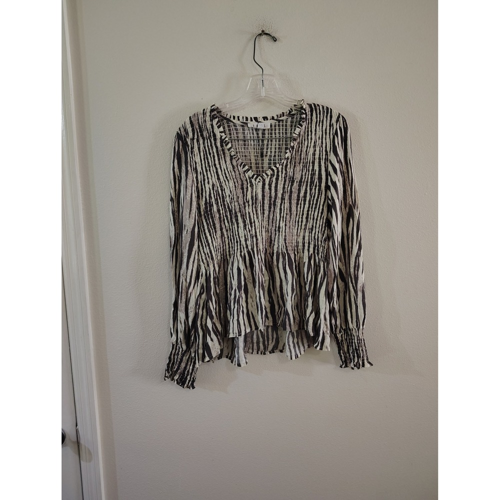 THML Zebra Print Smocked Peplum Blouse V-Neck Long Sleeve Top Black White M
